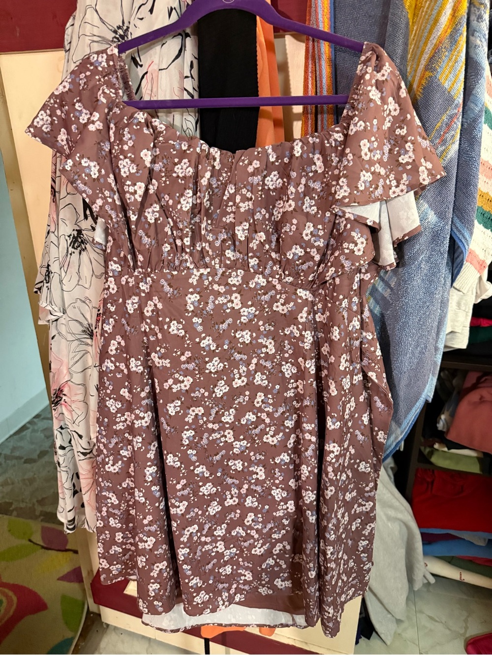 ARULA Mauve Floral Off-Shoulder Mini Dress